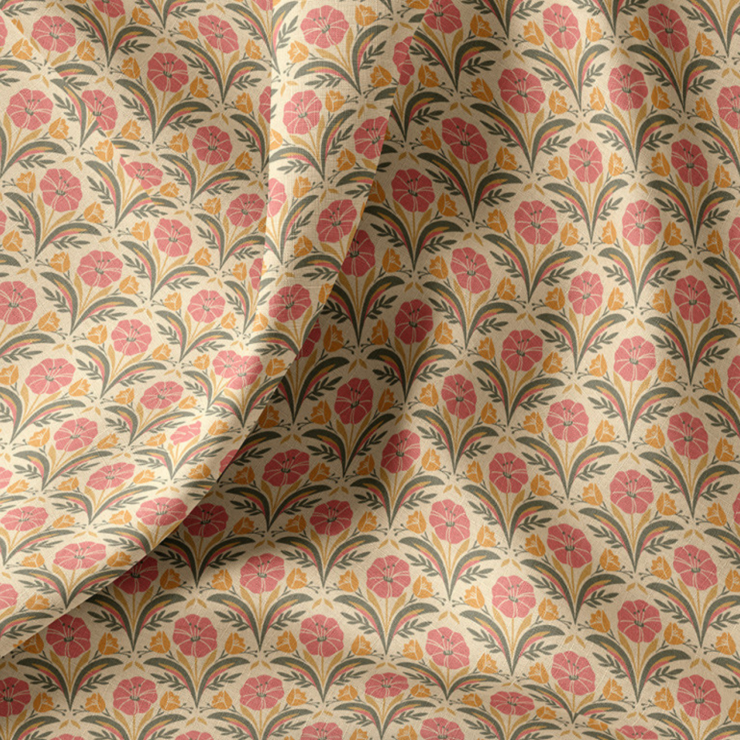Popeline de coton - Fleurs orange et rose
