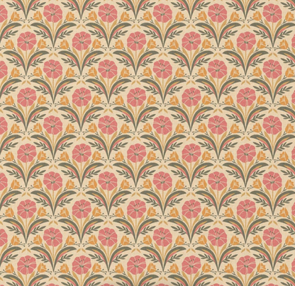 Popeline de coton - Fleurs orange et rose
